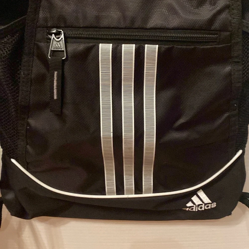 Adidas black w/ 3 gray stripe polyester Drawstring Backpack front zip pocket